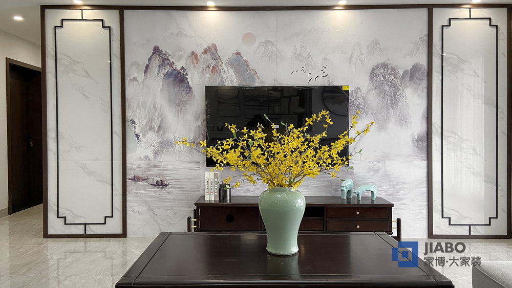 西郡湘山里四室兩廳新中式風格裝修實景圖 電視背景墻.jpg