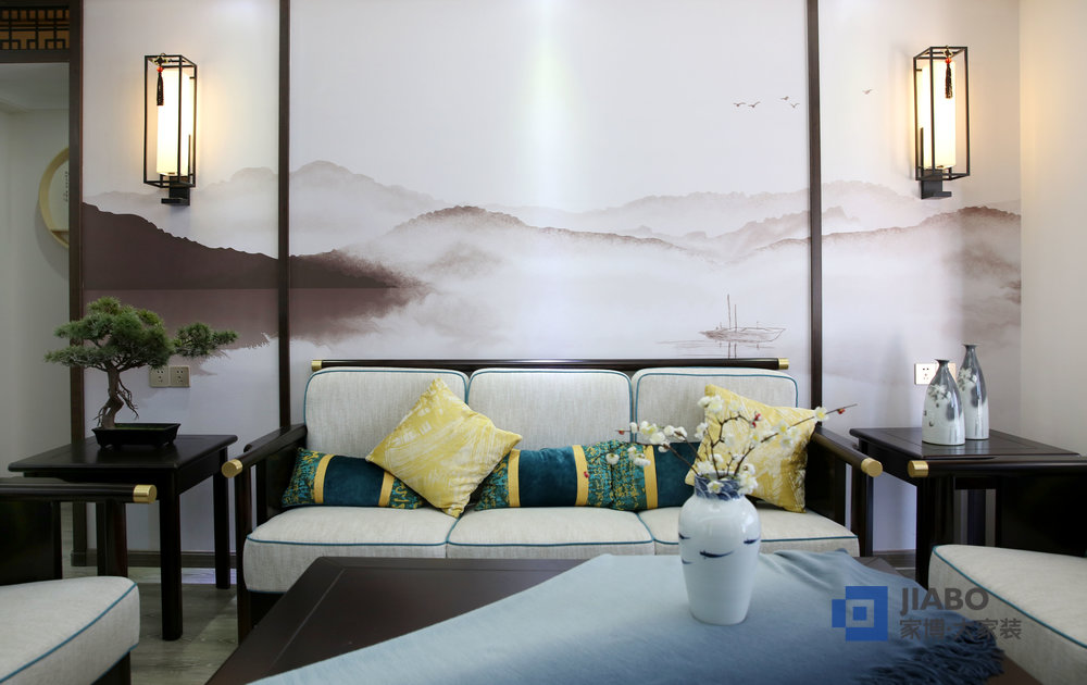 藍溪谷四室兩廳新中式風格裝修效果圖 沙發(fā)背景墻.jpg